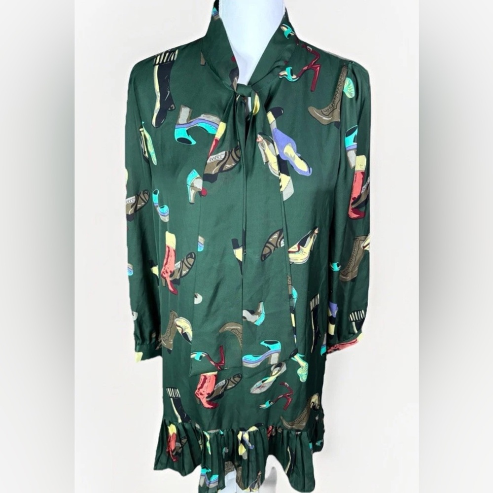 Unique Shoe Boot Print All Over Dress‎ Size XL Bow Neck Ruffle Hem Novelty Print